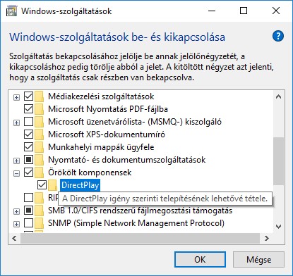 directplay telepítése windows 10 windows-szolgáltatások 